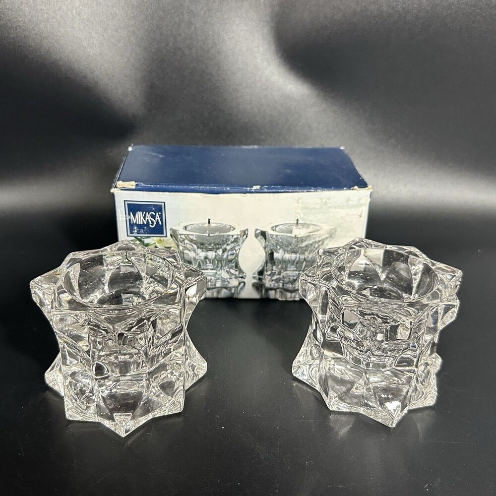 Vintage Mikasa Sparkling Star Crystal Candle Holders Set 2 Reversible w/ Box